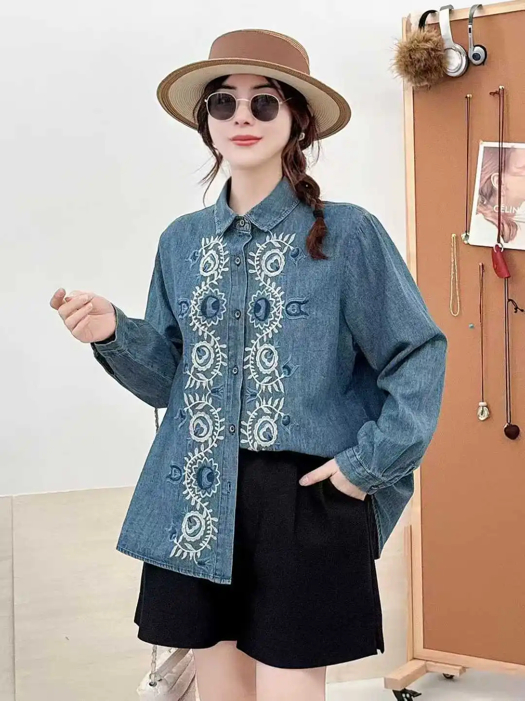 جديد 2025 قميص دينيم شتوي بأكمام طويلة ، تطريز بياقة مقلوبة للنساء ، بلوزة فضفاضة غير رسمية بمزاج فتاة موري T5D224CC #2