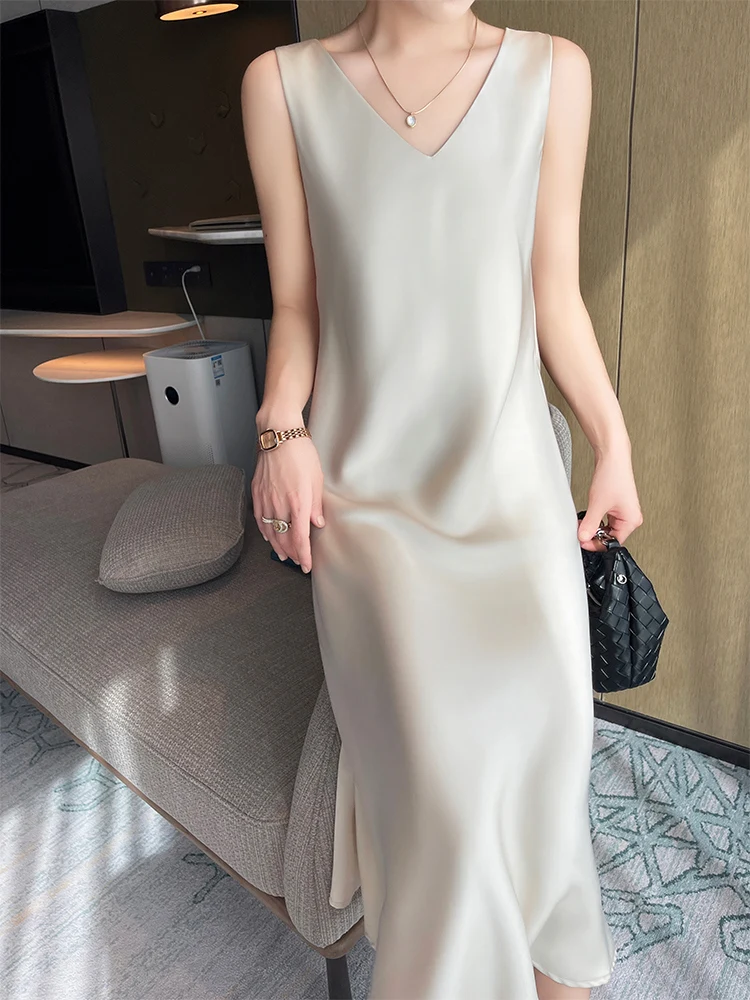 ZOCEPT Summer Solid Silk Long Mid-Calf Party Dresses Elegant Women\'s Silk Satin Dress Sexy V-Neck and O-Neck Korean Casual Dress