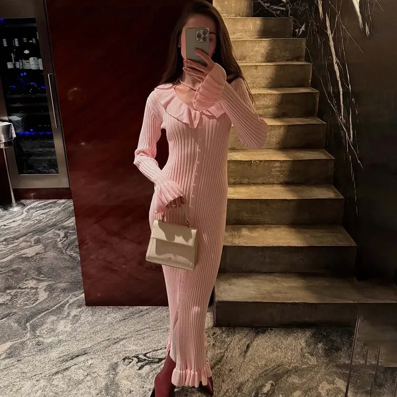 

Женское облегающее длинное платье с рюшами, однобортное, с V-образным вырезом, длинными рукавами, завышенной талией, однотонное, элегантное, вязаное