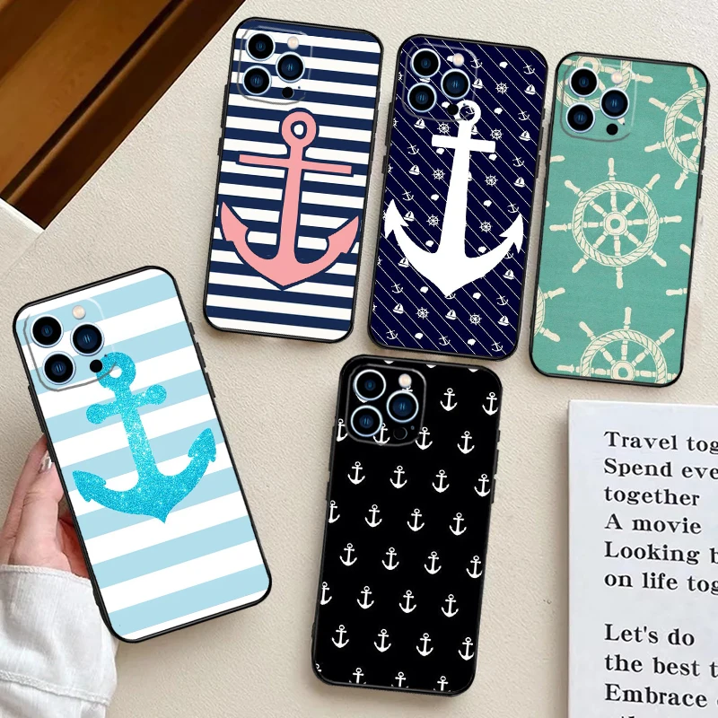 Stripes Anchor Boat Ship Wheel Silicone Soft Case For iPhone 17 Air 11 14 16 15 Pro Max 12 13 Mini 16 Plus 16e Back Cover