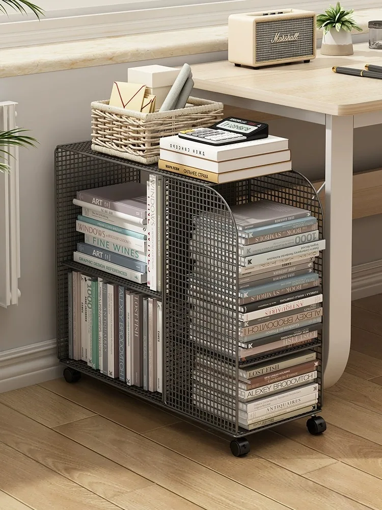 

shelves on the floor, movable carts, wheeled books, storage of books, simple bookcases for students next to the desk