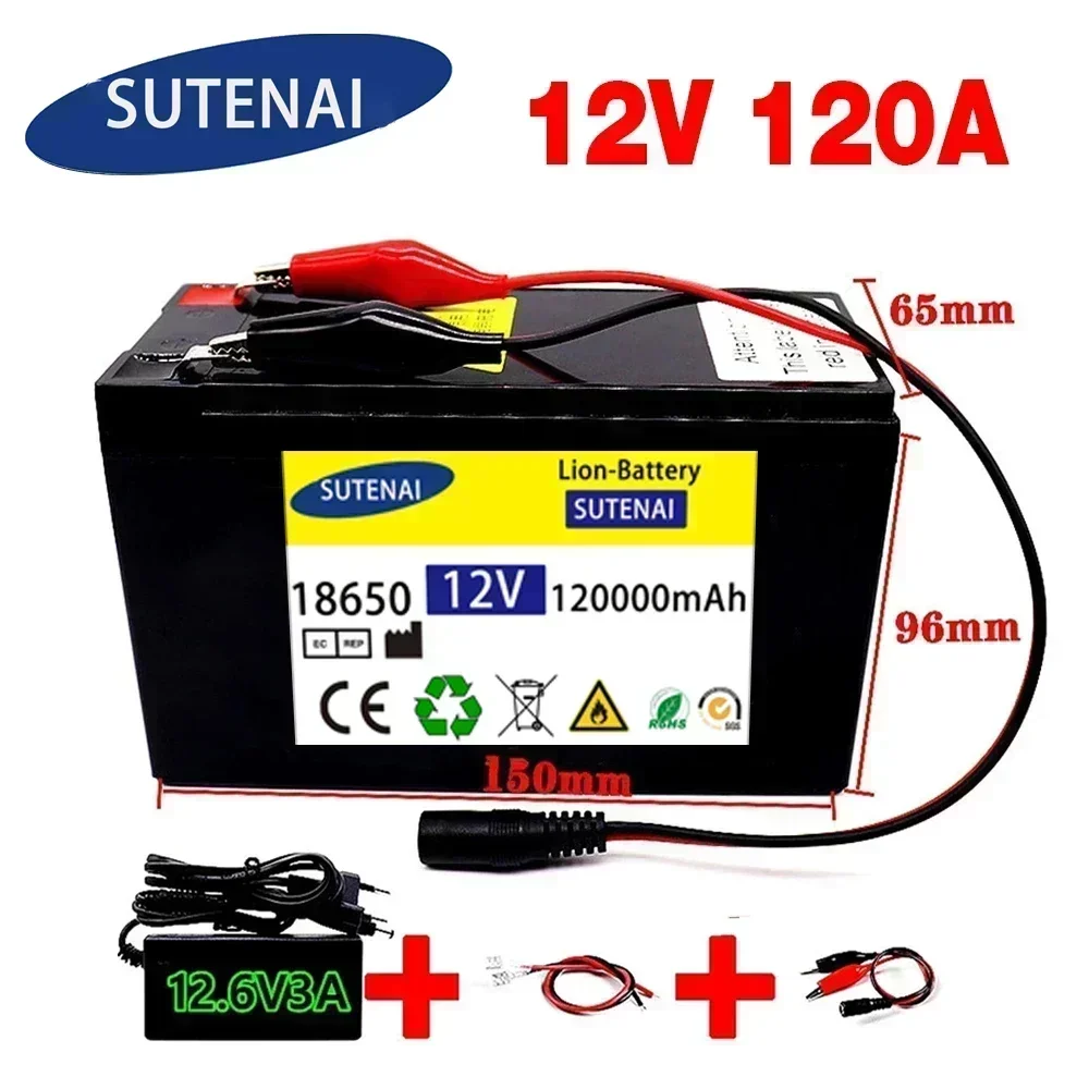 12V 120Ah 120000 Bateria de lítio mah 18650, pulverizador 30a, bateria de veículo elétrico bms de alta corrente embutida + carregador 12.6v