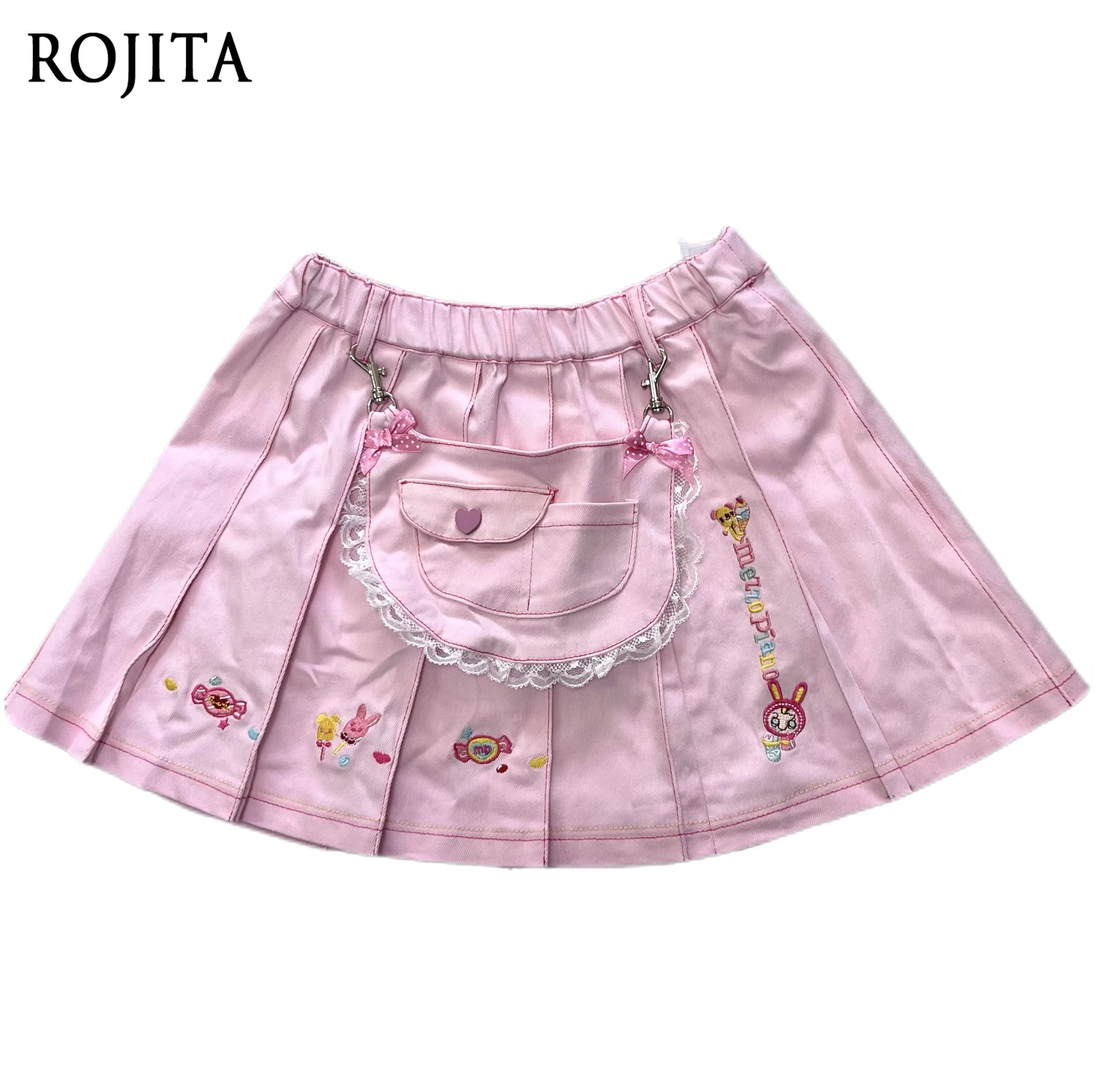 Sweet Y2K Pink Pleated Skirt Cute Embroidery Removable Lace Apron Pocket Bag Elastic Waist Egirl Harajuku Short Skirt