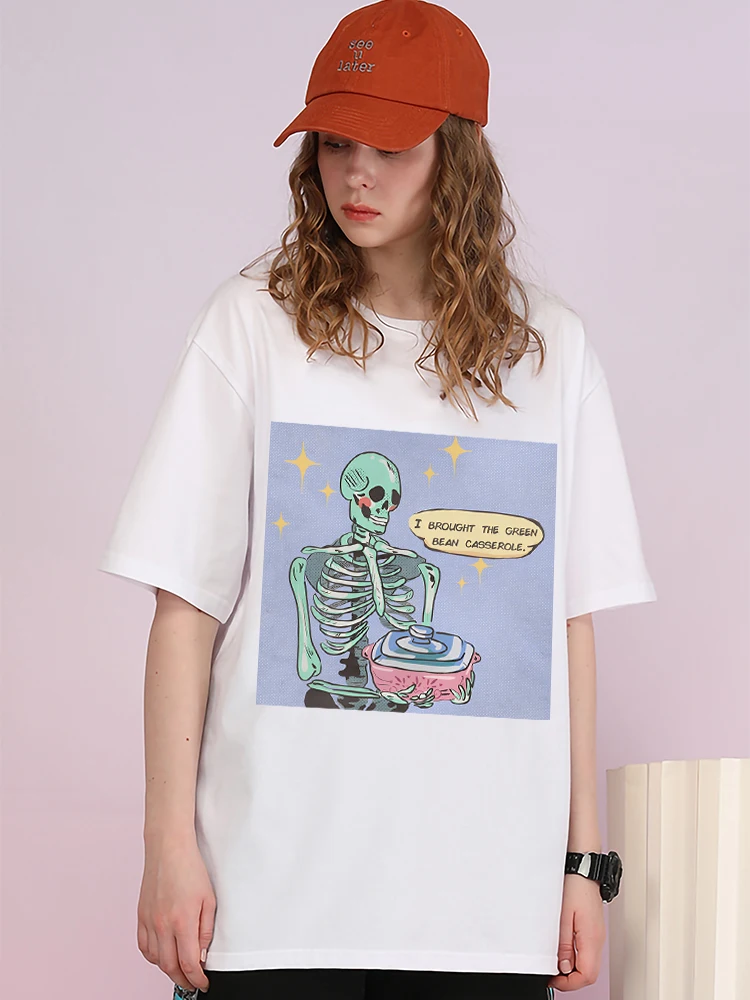 Skeleton Brought The Green Bean Casserole Women T-Shirt Shoulder Drop Oversize Tops Summer Tee Shirt Harajuku 100% Cotton Tops