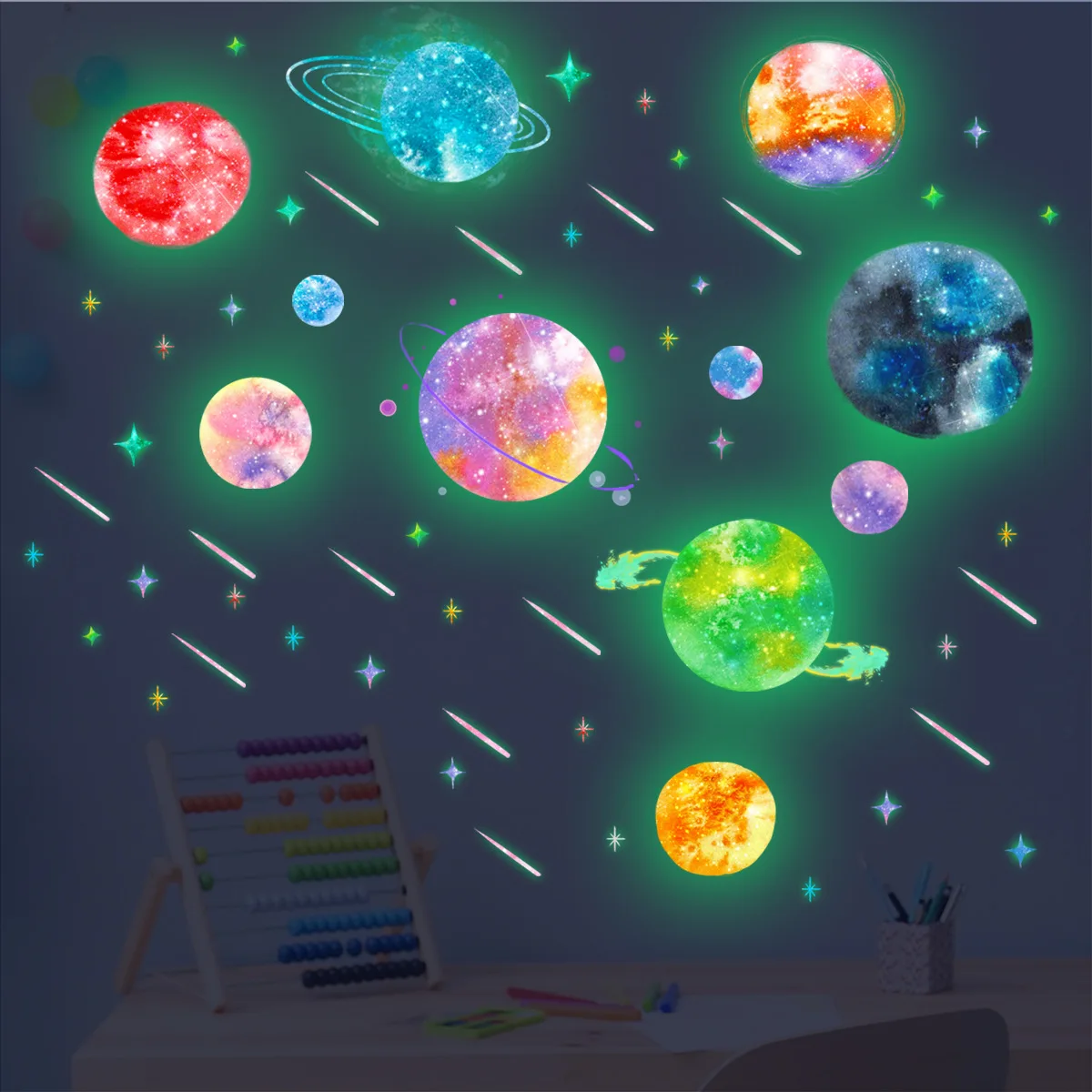 38*28cm Glow In The Dark Colorful Cosmic Planet Wall Stickers Children\'s Room Bedroom Creative Simple Decorative Wall Stickers