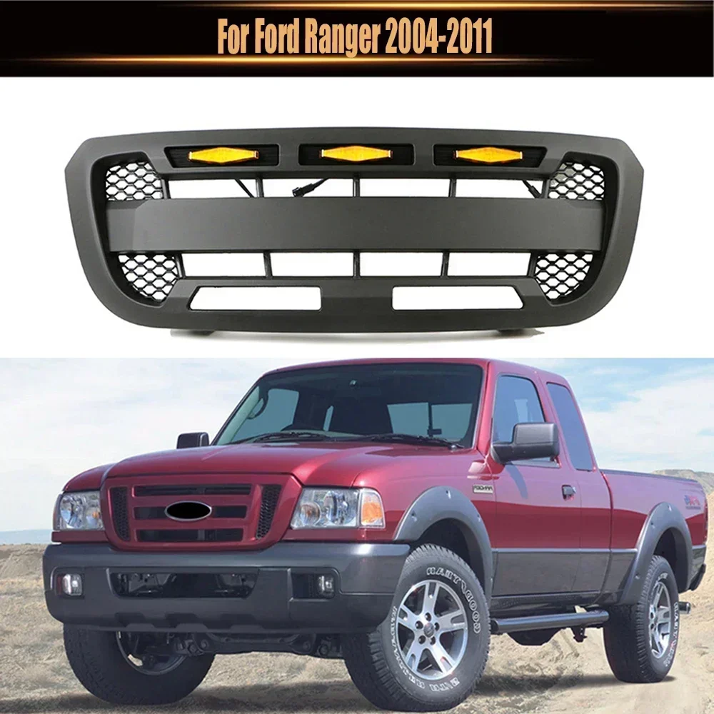 

For Ford Ranger 2004-2011 Car Modified ABS Front Bumper Mask Grille Racing Grill with LED Lights Auto Exterior Parts Black