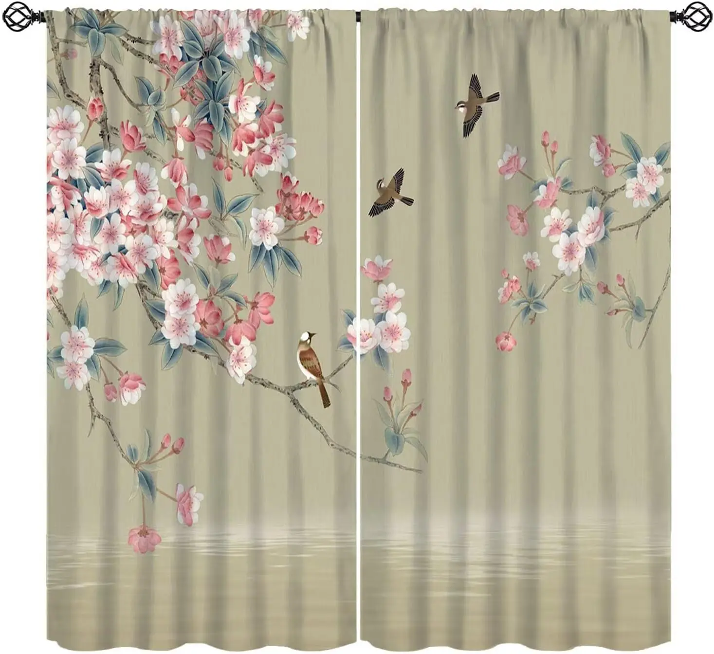 Chinese Ink Peach Blossom Bird Rod Pocket Curtain Oriental Floral Sparrow Water Reflection Print Drapes Retro Zen Living Room