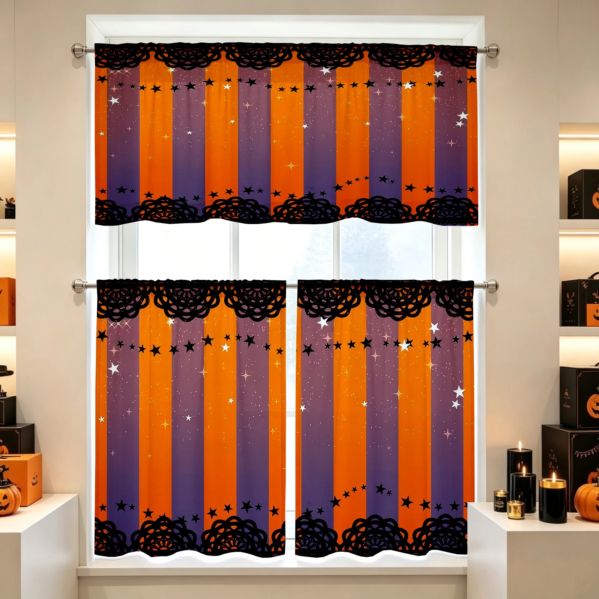 Halloween Fall Kitchen Curtains, Stripe Star Lace, Digital Print, Kitchen Dining Room, Rod Pocket Polyester, Home Decor