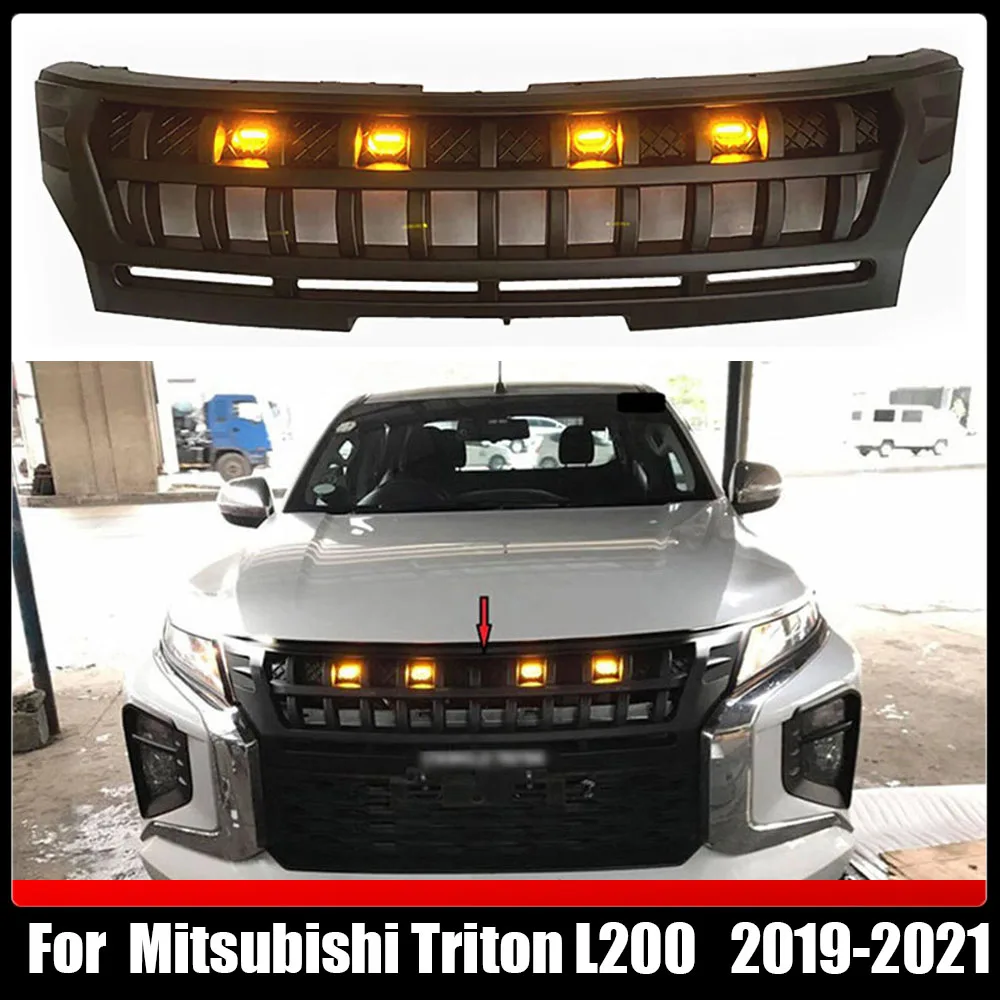 

For Mitsubishi Triton L200 2019-2021 Pickup Modified Front Face Decorative Mesh with LED Car Bumper Grill Front Racing Grilles