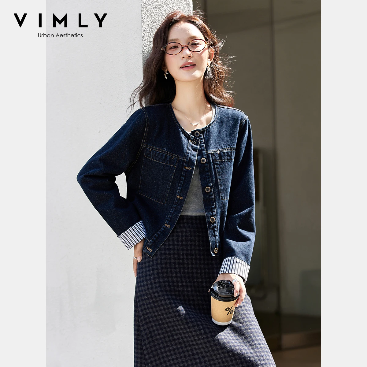 

Женская джинсовая куртка VIMLY, осень 2024, повседневные короткие женские куртки с круглым вырезом, винтажные женские пальто в полоску с манжетами и карманами A2226