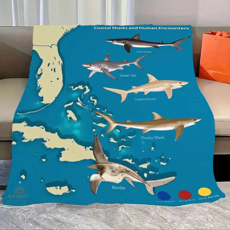 

1pc Flannel Blanket Coastal Sharks Map Blanket: Ocean Adventure & Human Encounters Design