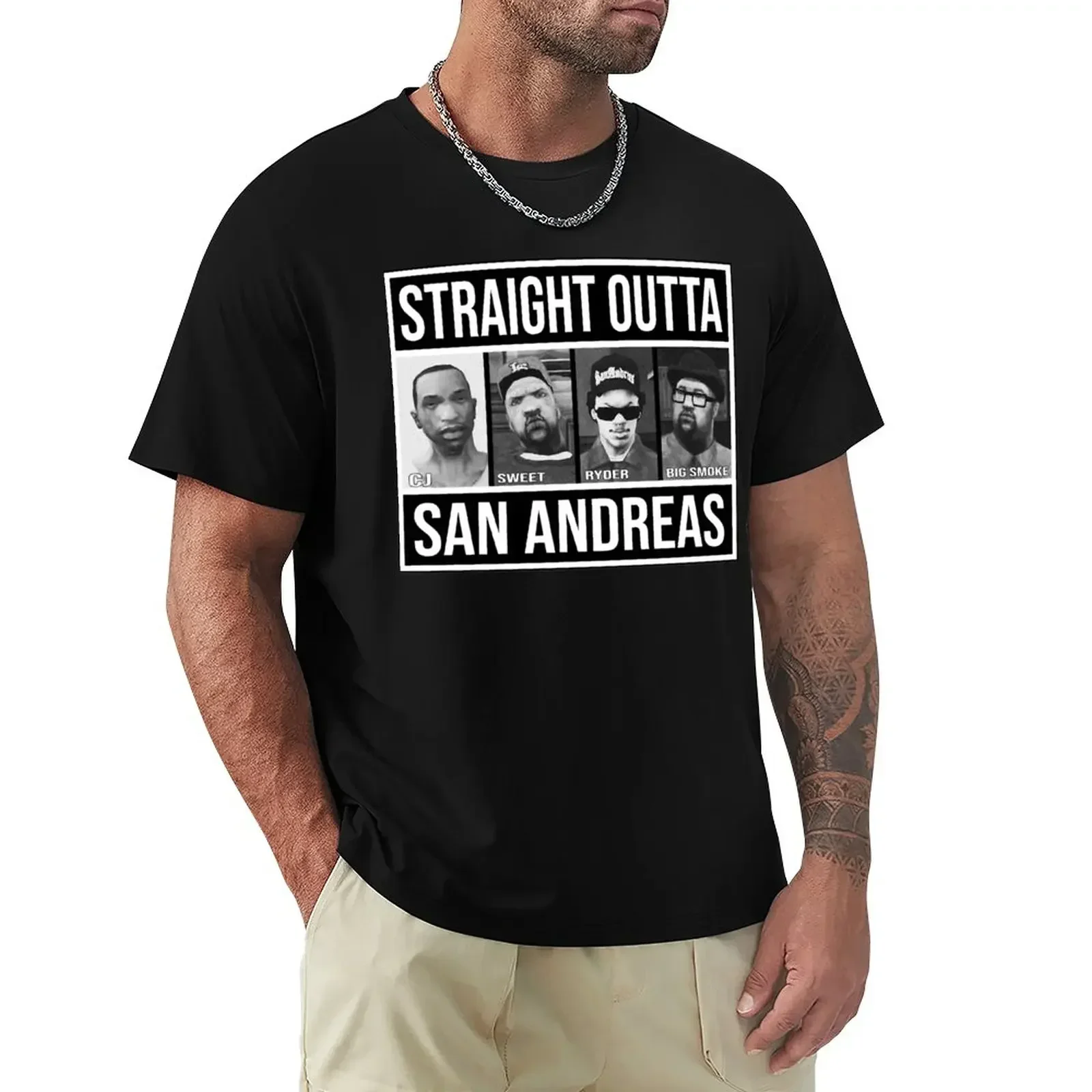 New fashion heavyweight vintage Cartoon Straight Outta San Andreas T-Shirt oversized anime summer tops t shirts for men graphic