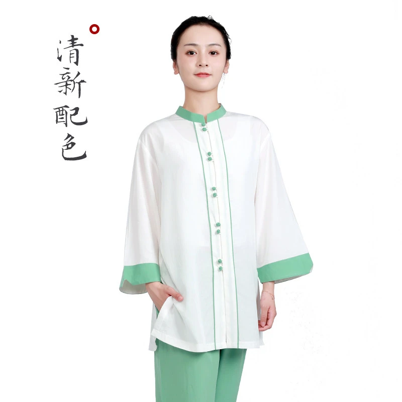 Tai Chi Suit Women New Fashion High End Linen Cotton Summer Thin Practice Morning Exercise Ba Duan Jin Contrast Color Set