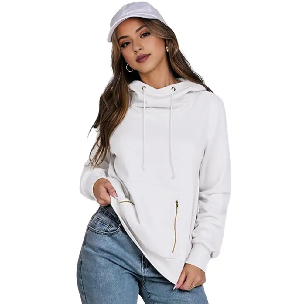 

Fall Fitness Top Stylish Winter Hoodie with Zipper Pockets Drawstring Elastic Cuff Long Sleeves Pullover for Women Preppy Style