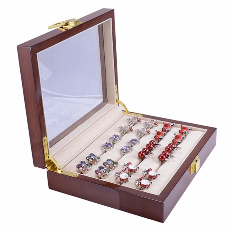 

1 Piece Glass Cufflinks Box For Men Painted Wooden Collection Display Box Storage 12Pairs Capacity Rings Jewelry Box