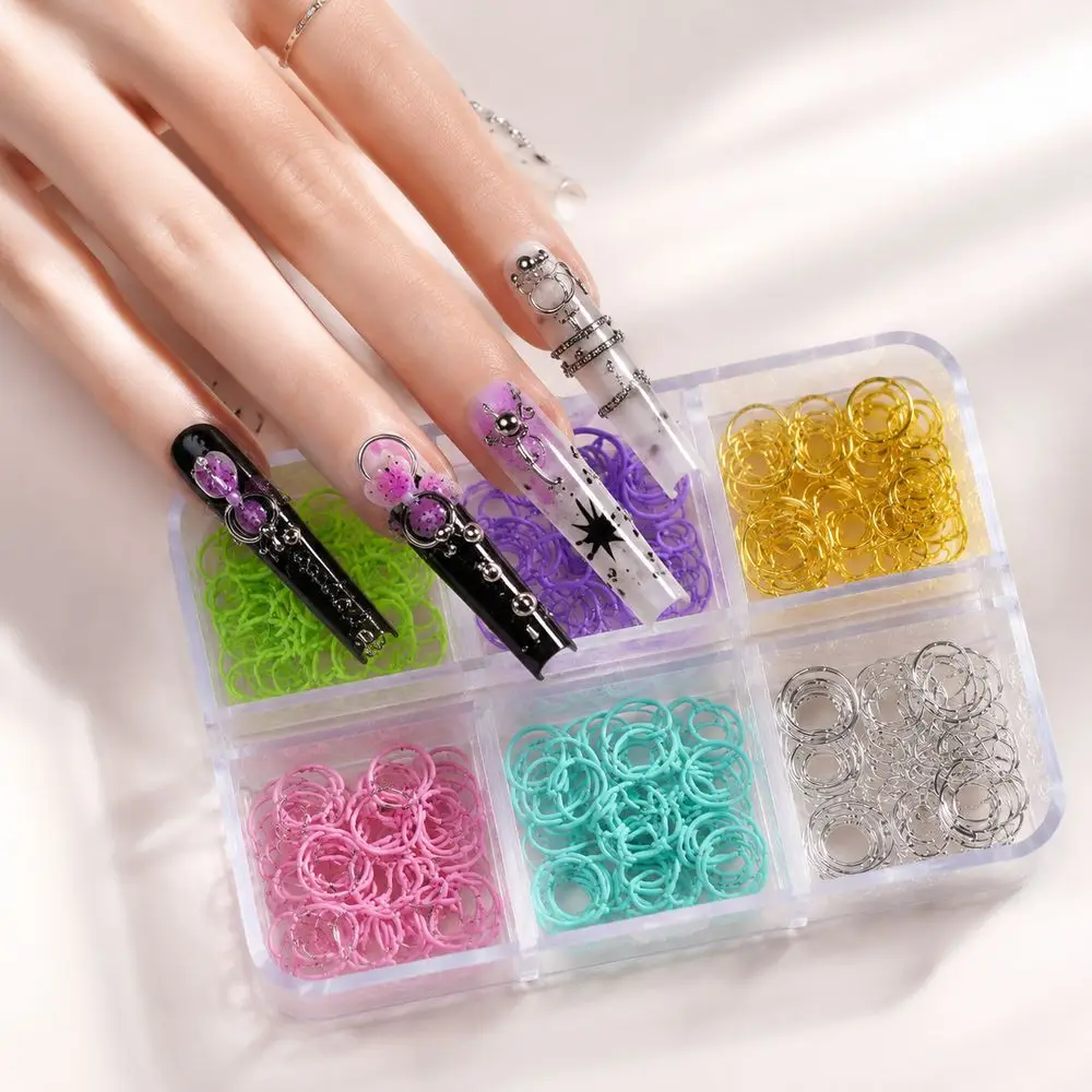 6Grids Cool Punk Nail Charms Assorted Multi‑Size Metal Open Jump Rings Hollow Circle Loop Ornaments For Acrylic Nail Craft Work