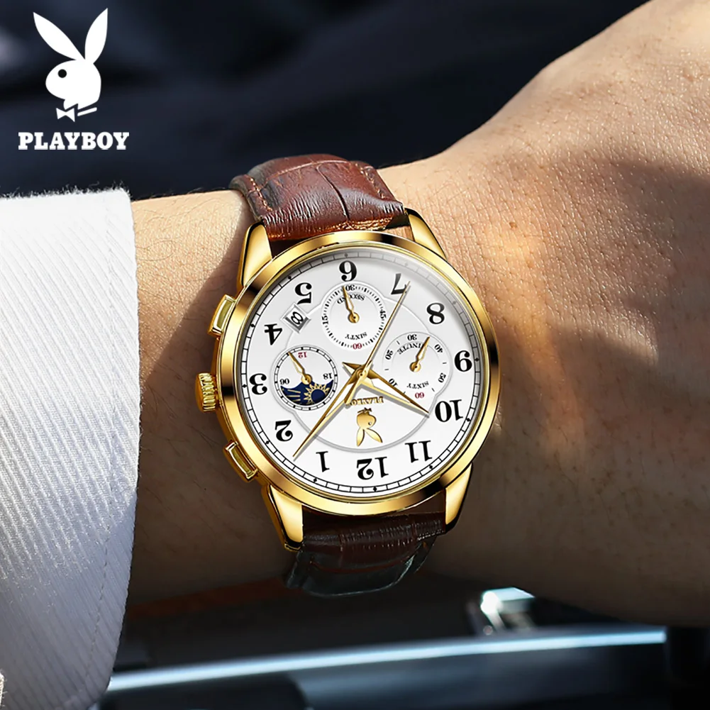 PLAYBOY High Quality Original Quartz Watch for Men Elegant Fashion Men\'s Wrist Watches Waterproof Leather Strap Luxury Man Watch