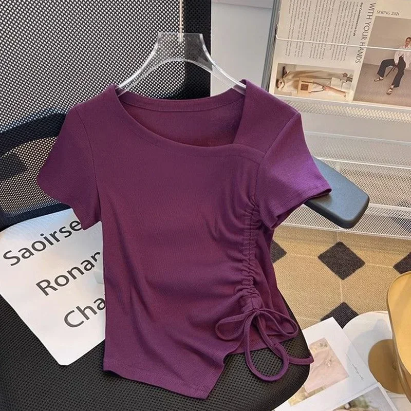 

Fashion Women Clothing Summer Pure Cotton Irregular Drawstring Slanted Neck Short Sleeves T-shirt Casual Temperament Elegant Top