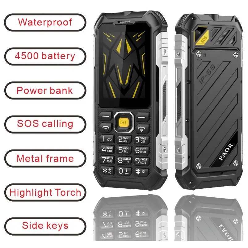 EAOR 2G Feature Keypad Phone Waterproof Rugged 4500mAh Power Bank High brightnessTorch Volume side key SOS One Click Dialing