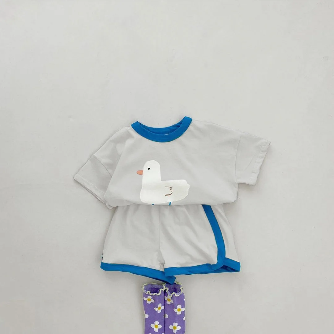夏用ベビー半袖服セット-幼児用かわいいアヒル柄tシャツ-ショートパンツ-2点セット-キッズ-幼児用コットン衣装-1-8歳