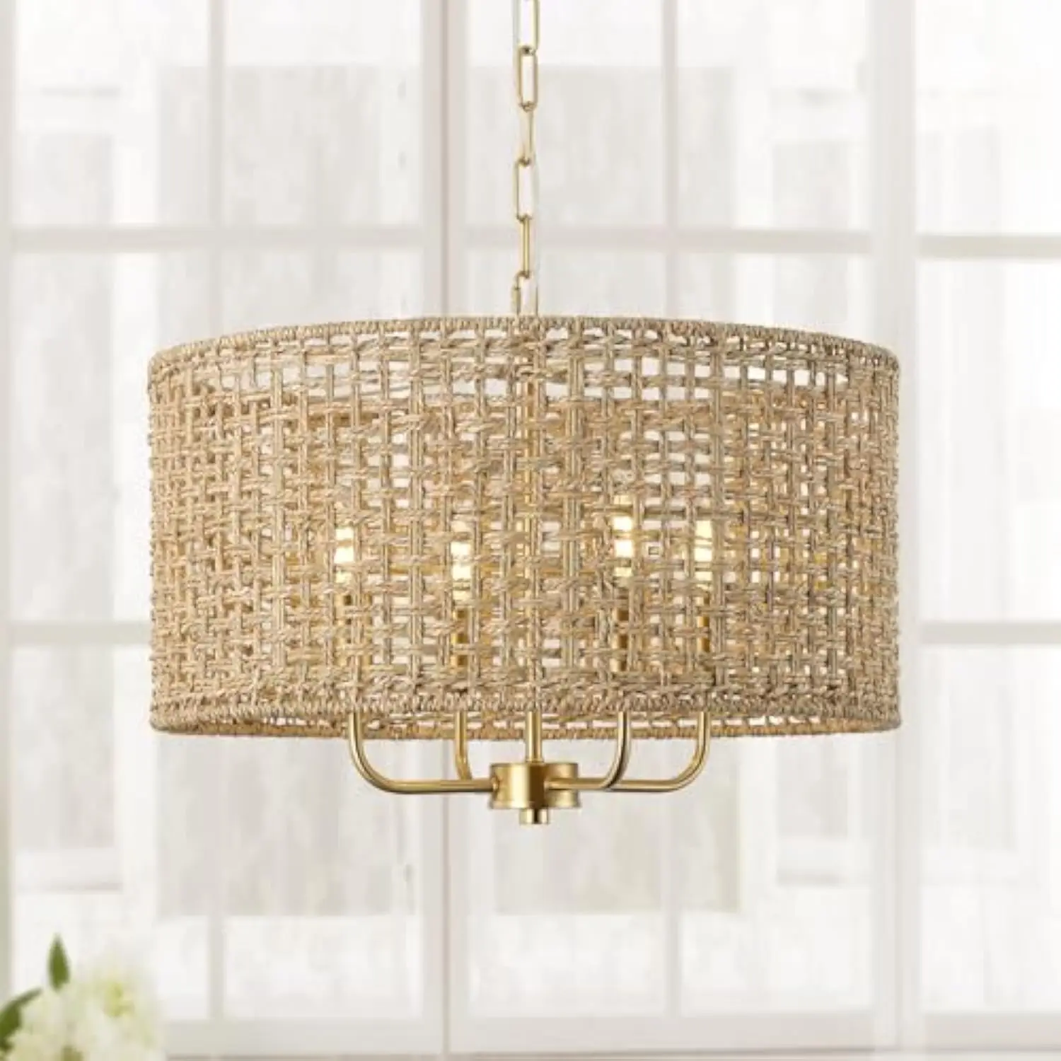 

Rattan Drum Chandeliers for Dining Room, 4-Light Bohemian Hand-Woven Farmhouse Pendant Light Dining Room Light Fixture Chandeli