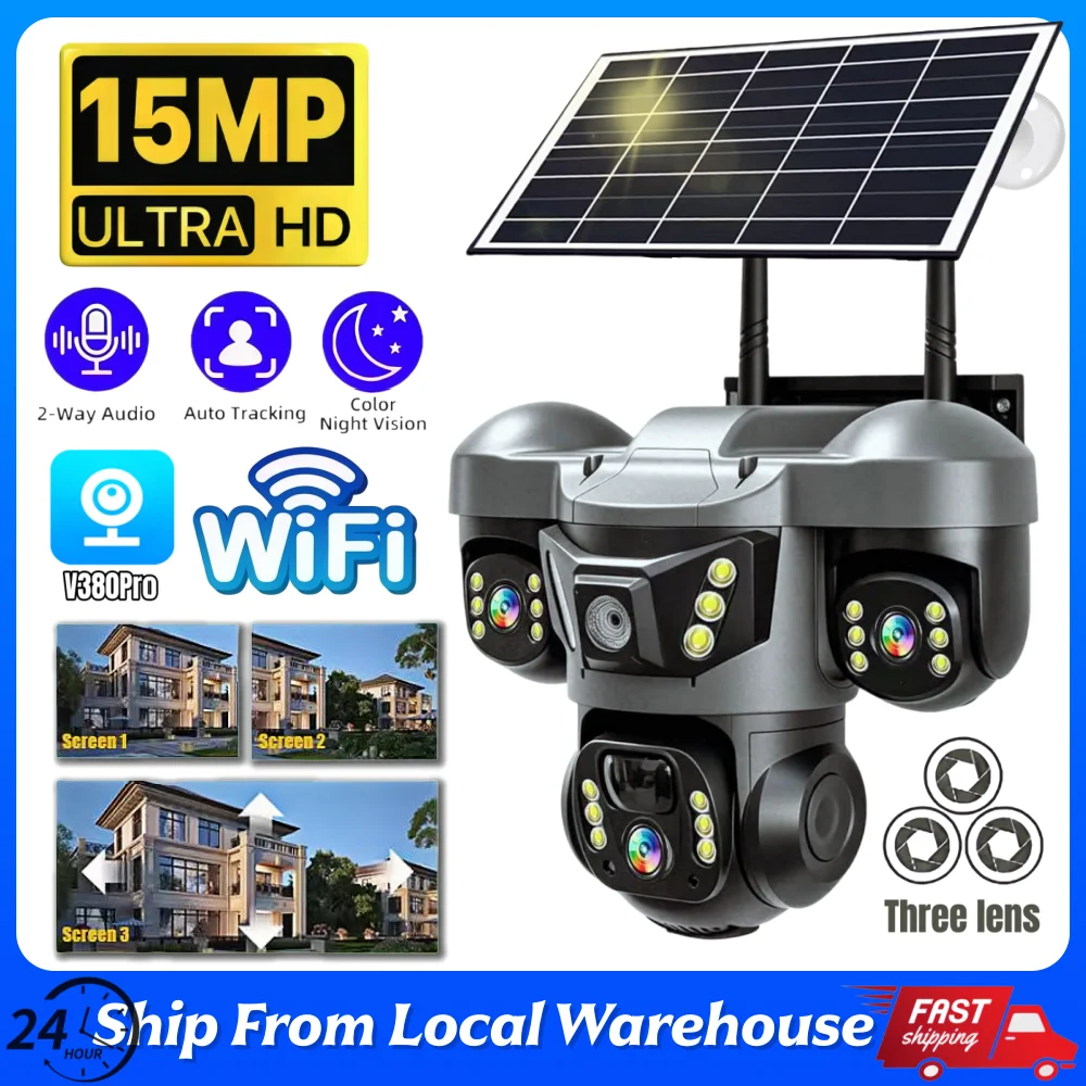 Caméra IP solaire WiFi extérieure 15MP, triple objectif, vidéo CCTV, surveillance, vision nocturne, détection humaine PIR, caméras sans fil V380 Pro