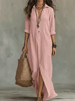 Casual Long Sleeve Loose Maxi Dress Women 2026 Summer Solid Color Turn-down Collar Beach Long Dresses Elegant Vestidos - Image 6
