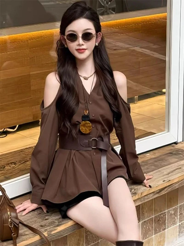 

Spring Early Season Women's Knitted oulder Bared Two-piece Set Slimming orts Casual Sle V-ne Long Sve irt
