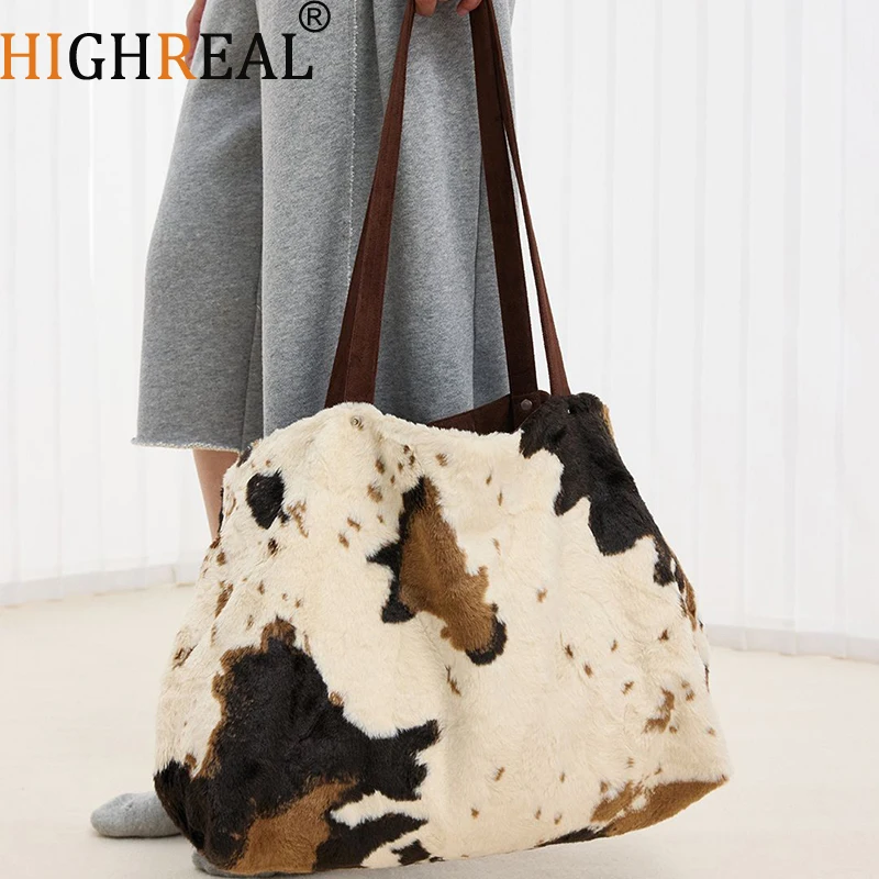 

Large Capacity Shopper Bags For Women Winter Travel Tote Bag Cow Printing Plush Shoulder Bag Ladies Handbag Designer Bolsos