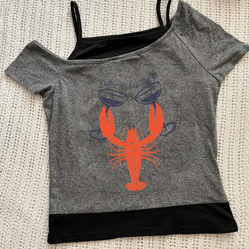 

90s Retro Creative Lobster Pattern Print T-Shirts Women Harajuku Aesthetics Punk Hip Hop Tee Fashion Versatile Short Sleeve Tops