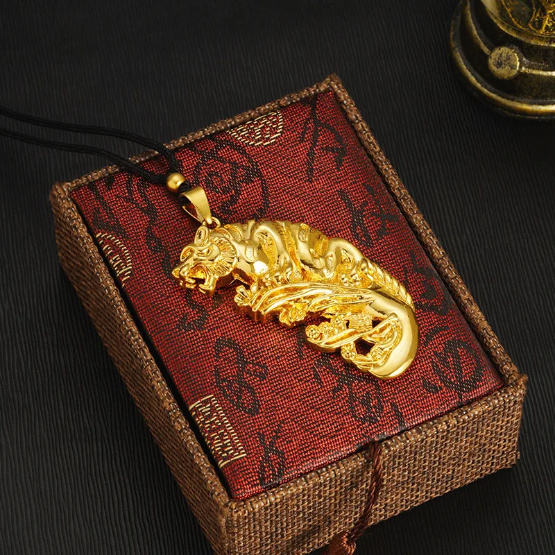 

Pure 14K Yellow Gold Necklace for Men Domineering 3D Tiger Pendant with Black Rope Fine Jewelry Christmas Gift Not Fade