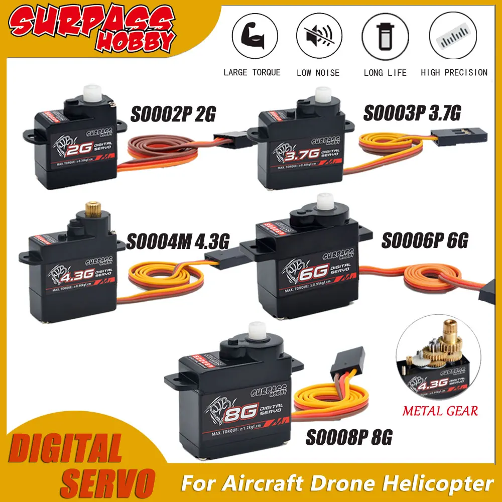 SurpassHobby Servomotor 2g 3.7g 4.3g 6g 8g Micro Digital Servo for Rc Model Plane Drone Airplane Helicopter Fixed-wing WLtoys