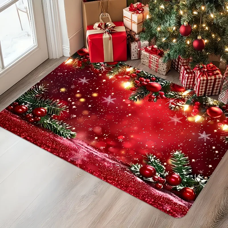Red Christmas Flannel Doormat Pine Branch Bauble Berries Snowflake Glowing Light Bokeh Anti‑Slip Home Entrance Holiday Decor Rug