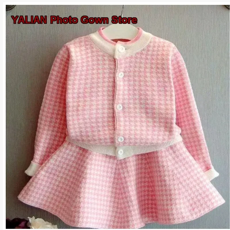 Girls Western Style Two-Piece Set 2022 Spring Autumn Houndstooth Knit Dress and Skirt for Girls Kids