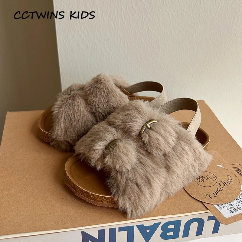 Kids Fur Slippers 2023 Toddler Boys Fashion Winter Warm Plush Beach Sandals Children Girls Flats Soft Open Toe Outdoor Slides