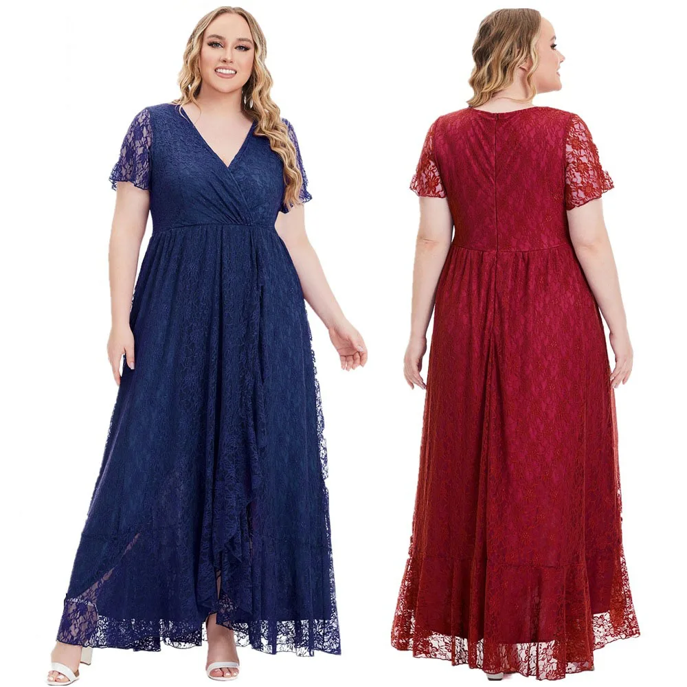 Modne kobiety Plus Size sukienki koronkowe jednolita sukienka damska z dekoltem w szpic dla druhny elegancka eleganckie, na wiosnę lato