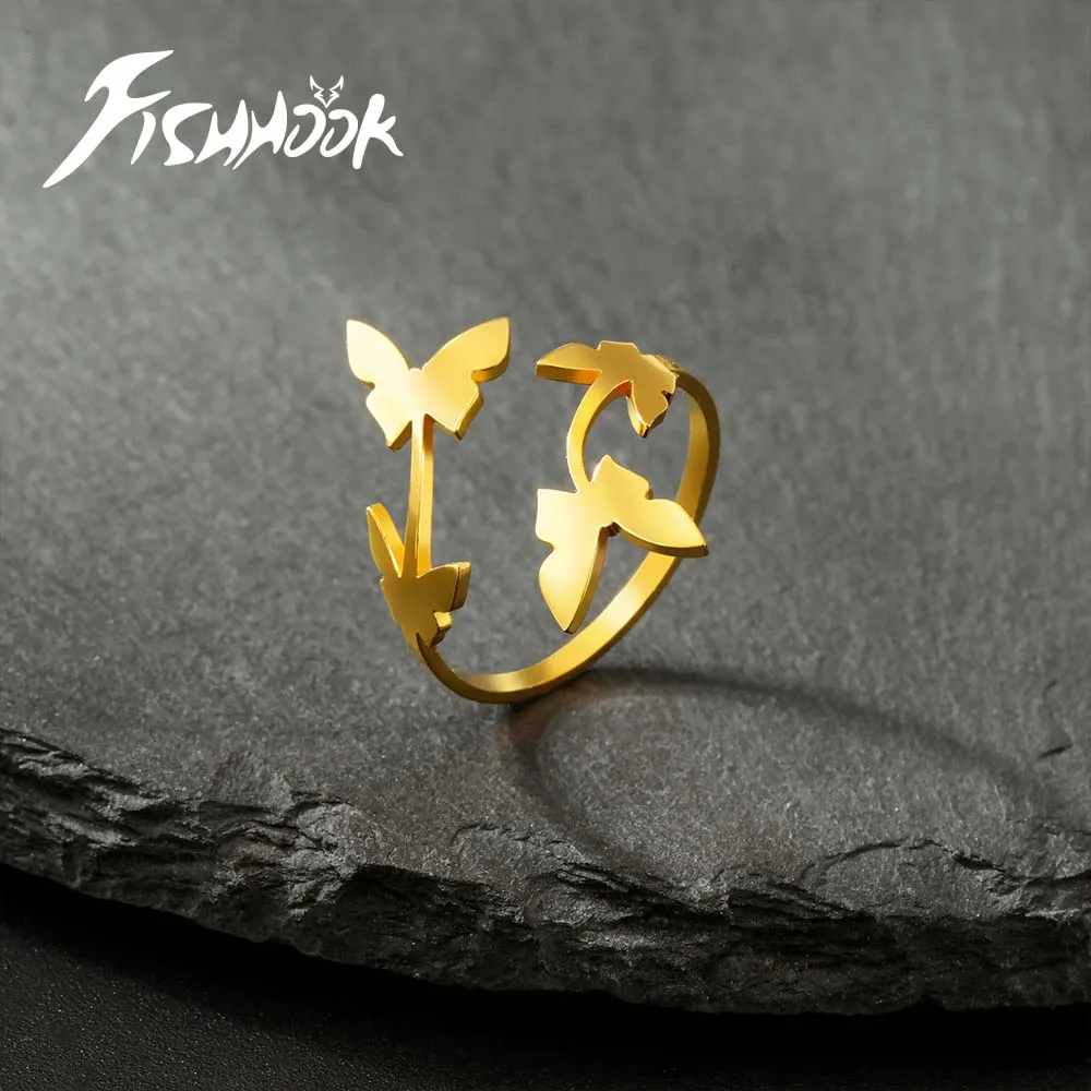 Fishhook Flower Butterfly Finger Ring for Men Woman Girl Kid Child Resized Gold Color Stainless Steel Jewelry Gift Accessories