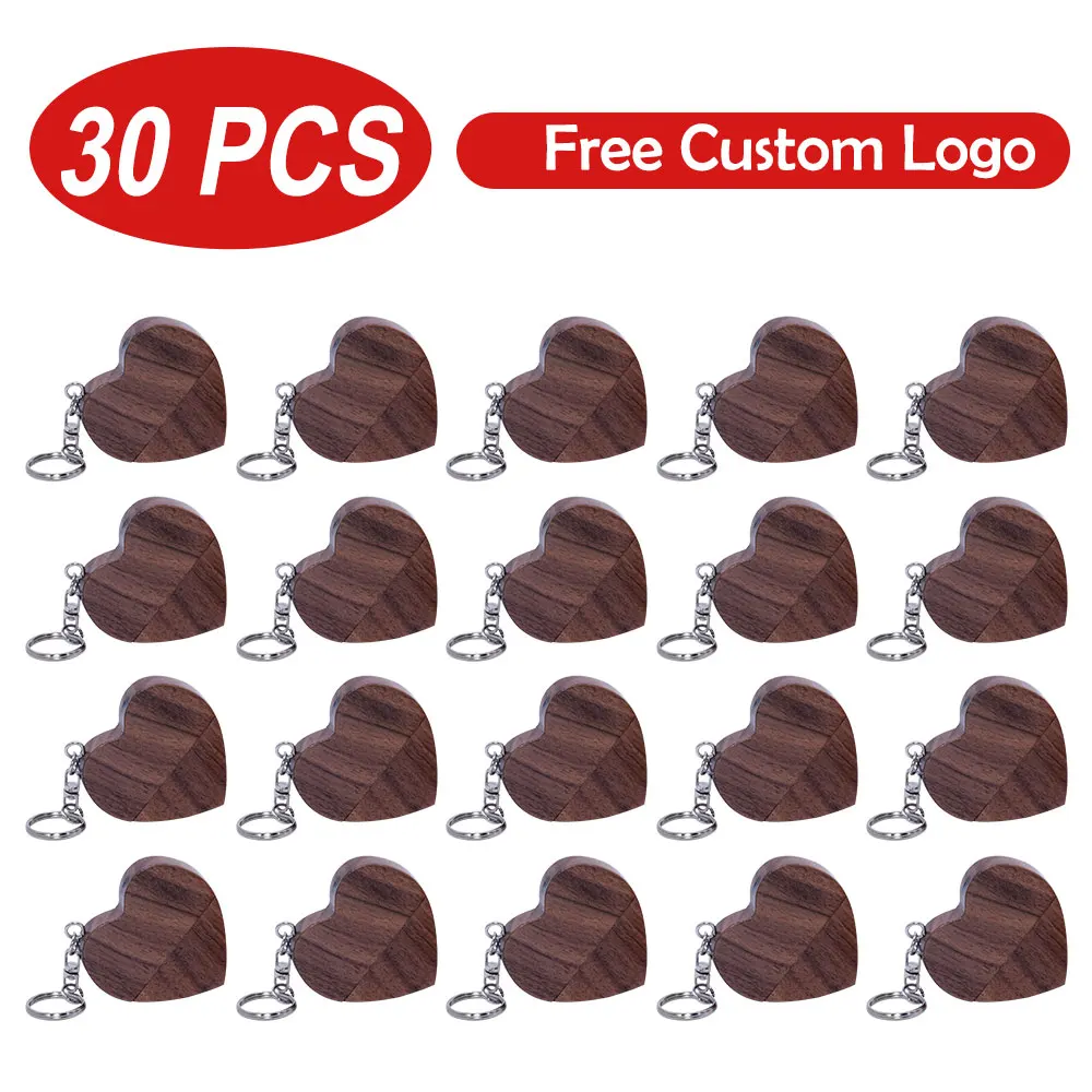 30PCS/LOT Wooden Heart USB 2.0 Flash Drives 8GB Free custom logo key chain Pen drive 64GB 32GB Business gift USB stick