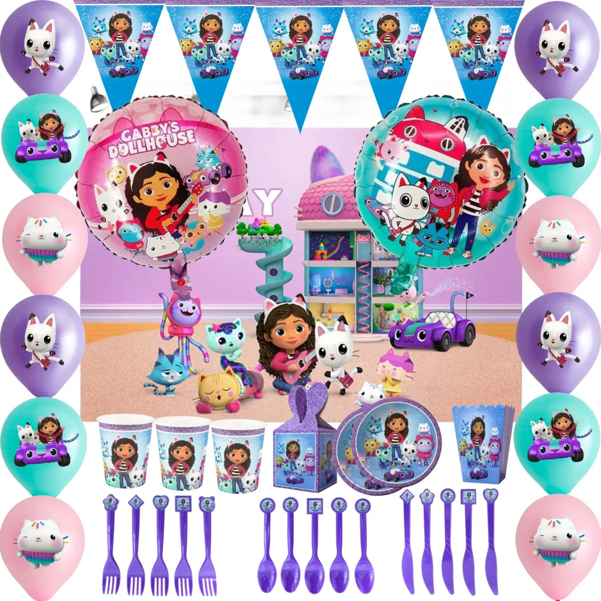 Girl Gabby Cat Birthday Party Decoration Balloon Set Disposable Tableware Background Character Party Supplies Baby Shower