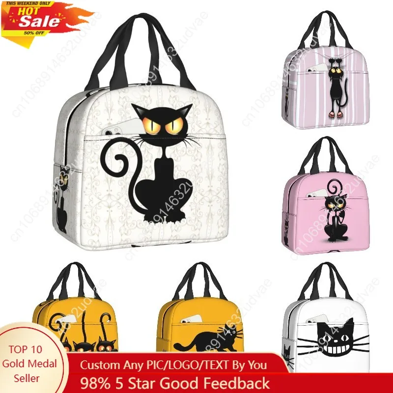 

Fun Black Cat Falling Down Insulated Lunch Box for Women Portable Warm Cooler Thermal Lunch Bag School Food Picnic Tote Bags