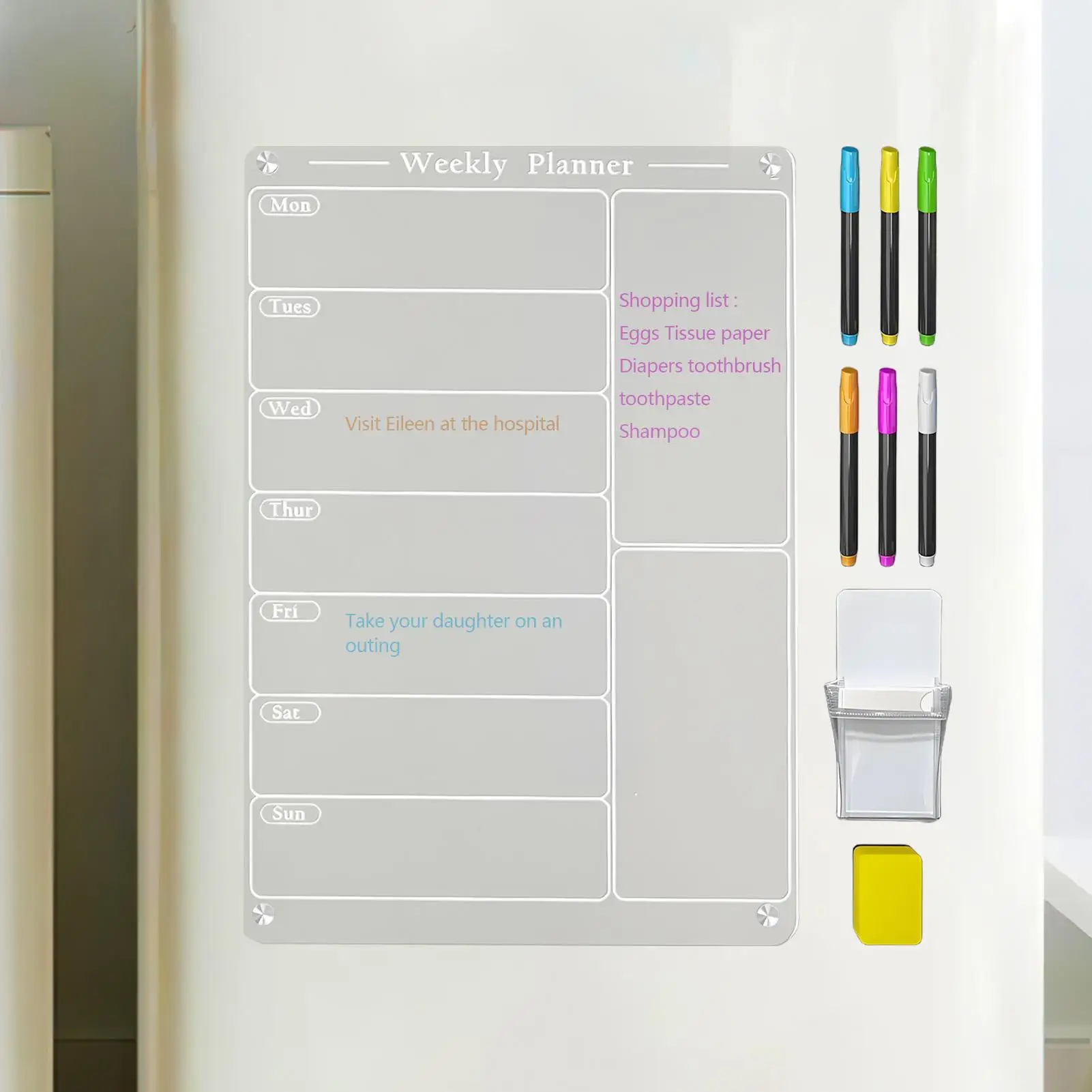 Magnetic Weekly Calendar For Refrigerator Fridge Weekly Planner With Pen Holder 6 Highlighters Reusable Acrylic Meal Calendar