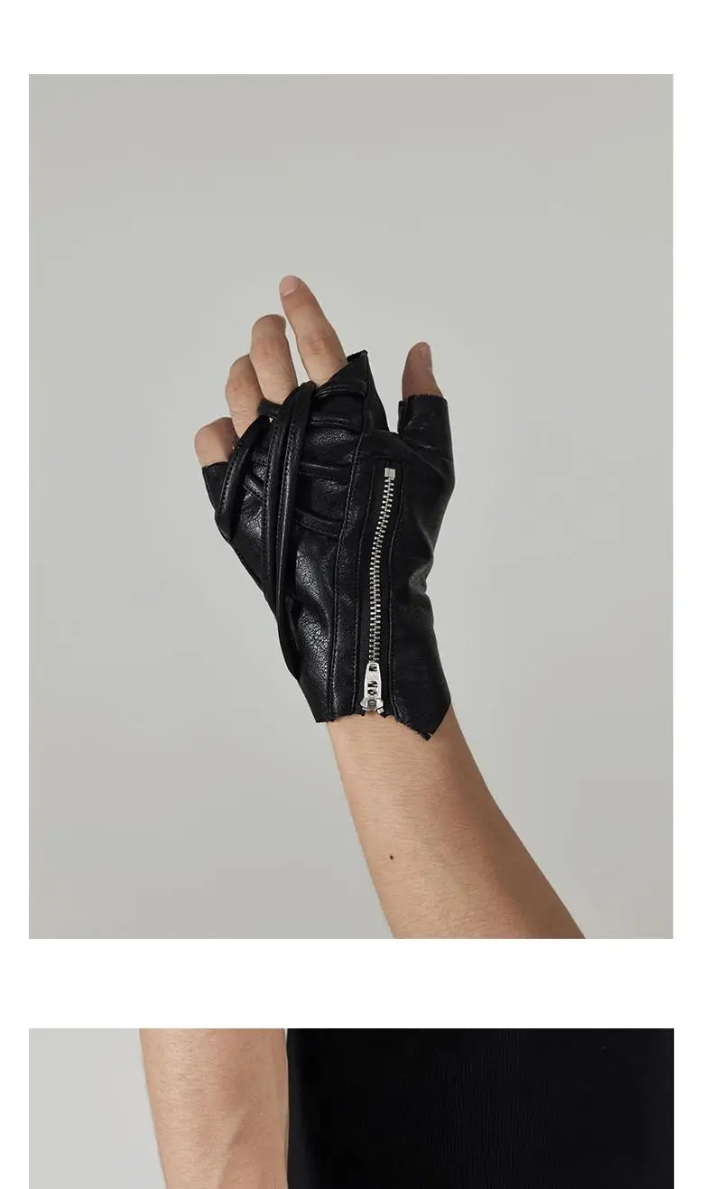 Strap Design Techwear Style Zipper Tactical Leather Gloves Men Women Vintage Hip Hop Punk Fingerless Gloves