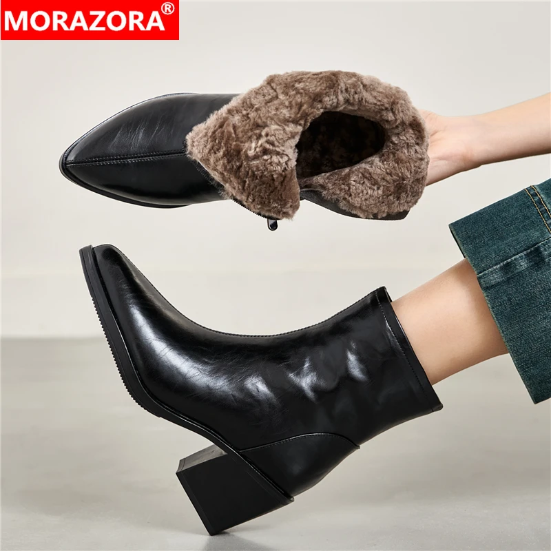MORAZORA حجم 34-41 جديد الصوف الشتاء أحذية النساء حذاء بكعب عالٍ مكتنز جلد طبيعي الشتاء أحذية السيدات حذاء من الجلد أحذية نسائية