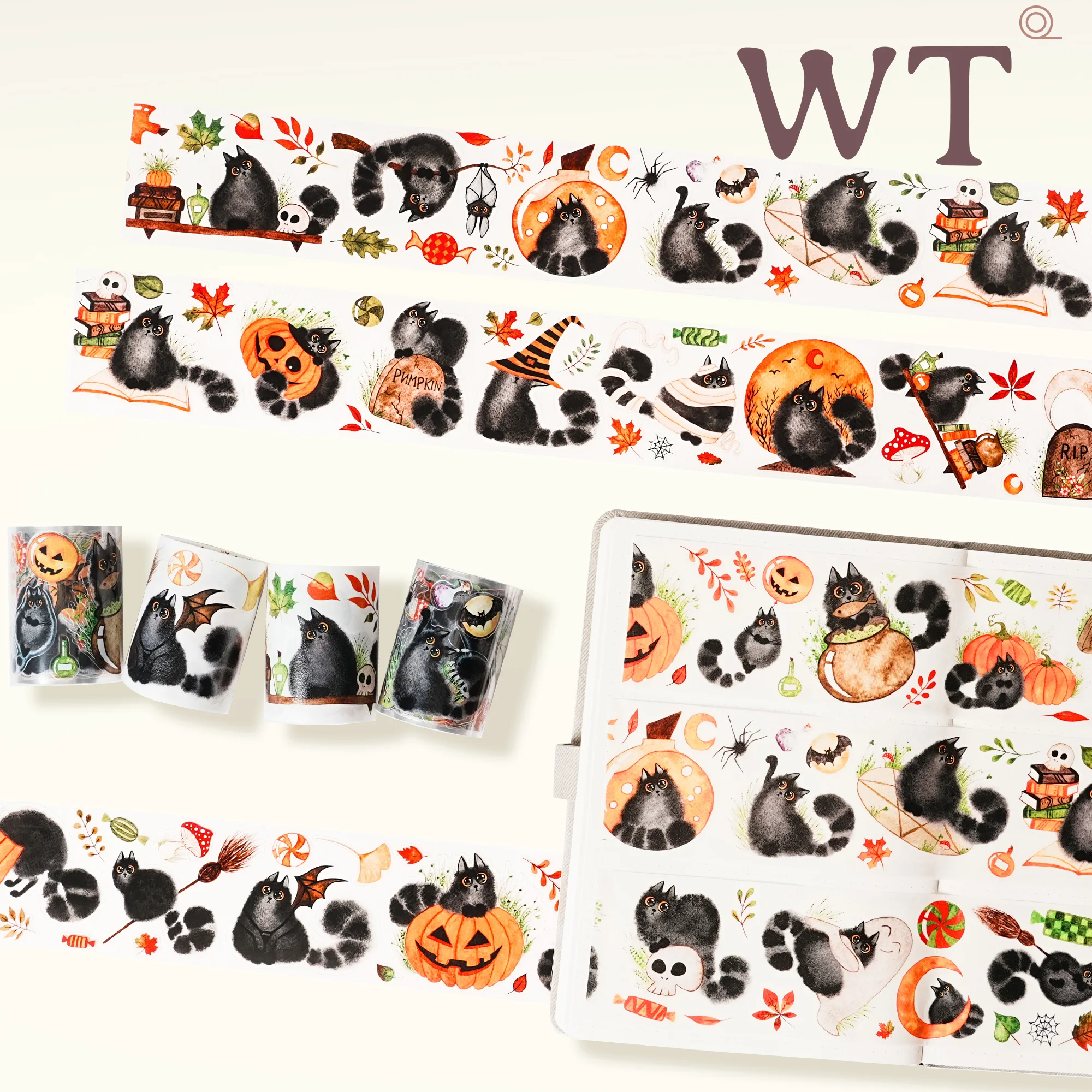 Pita Jurnal Halloween WT Washi PET Die-Cut Tape Kucing dan Lentera Labu Malam Hantu
