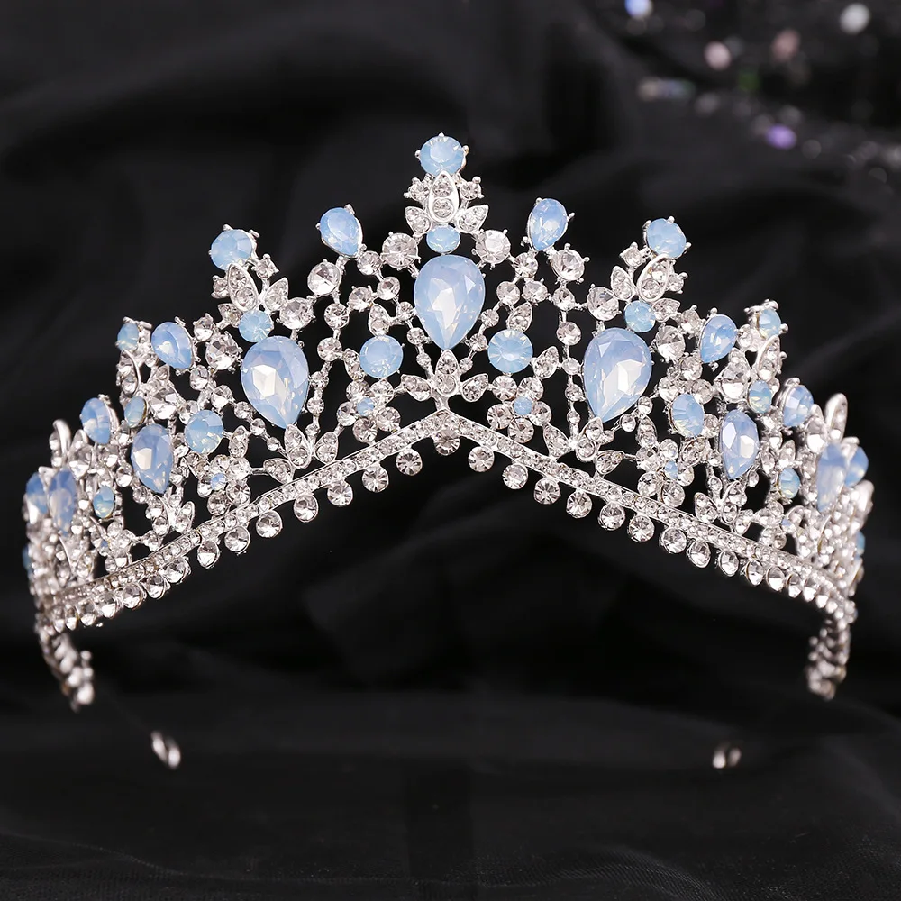 Luxury Forest Pink Blue Opal Crystal Bridal Tiaras Royal Queen Crown Rhinestone Pageant Diadem Wedding Hair Costume Accessories