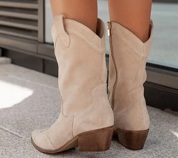 Brown Beige Suede Med Heels Zipper Side Short Boots Women Cowboy Pointed Toe Retro Mid-calf Booties Size 43 Drop Shipping