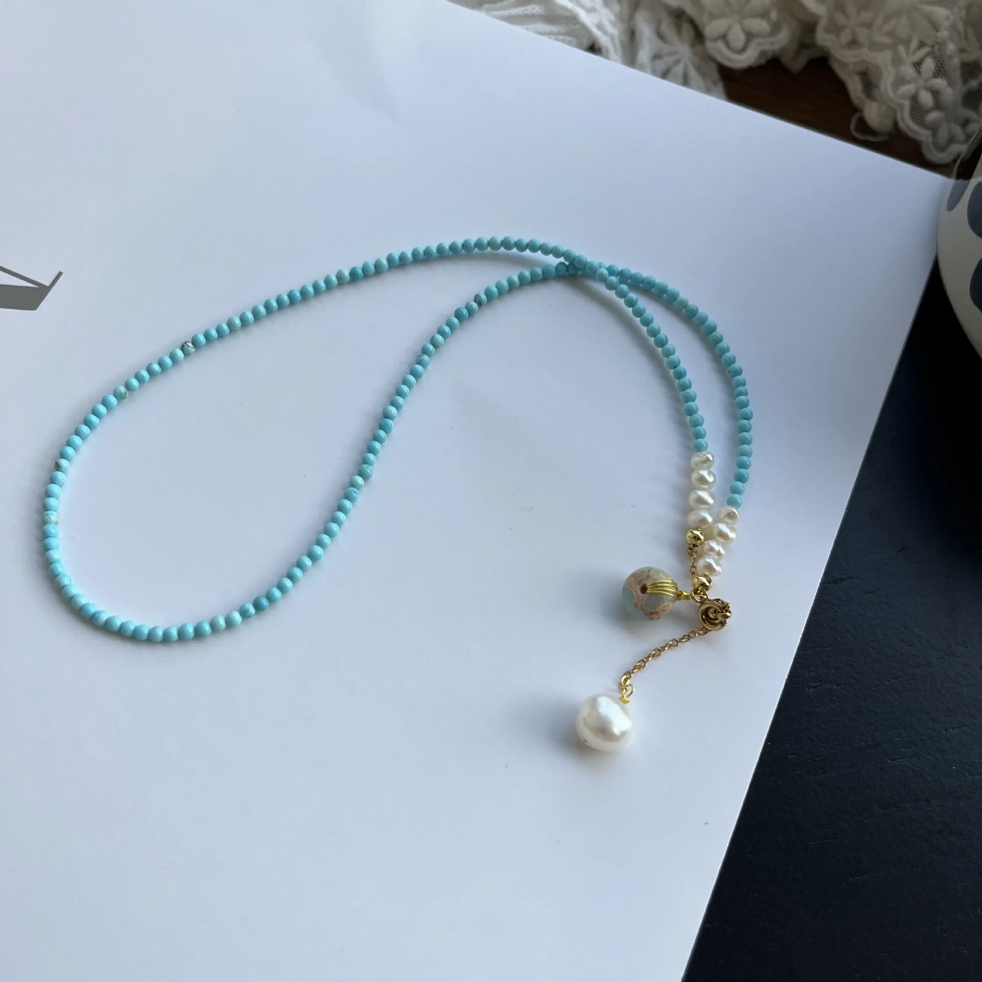 

High Quality 100% Natural Freshwater Pearl & Turquoise Stone 14k Gold Filled Ladies Chain Necklace Jewelry For Women Gifts