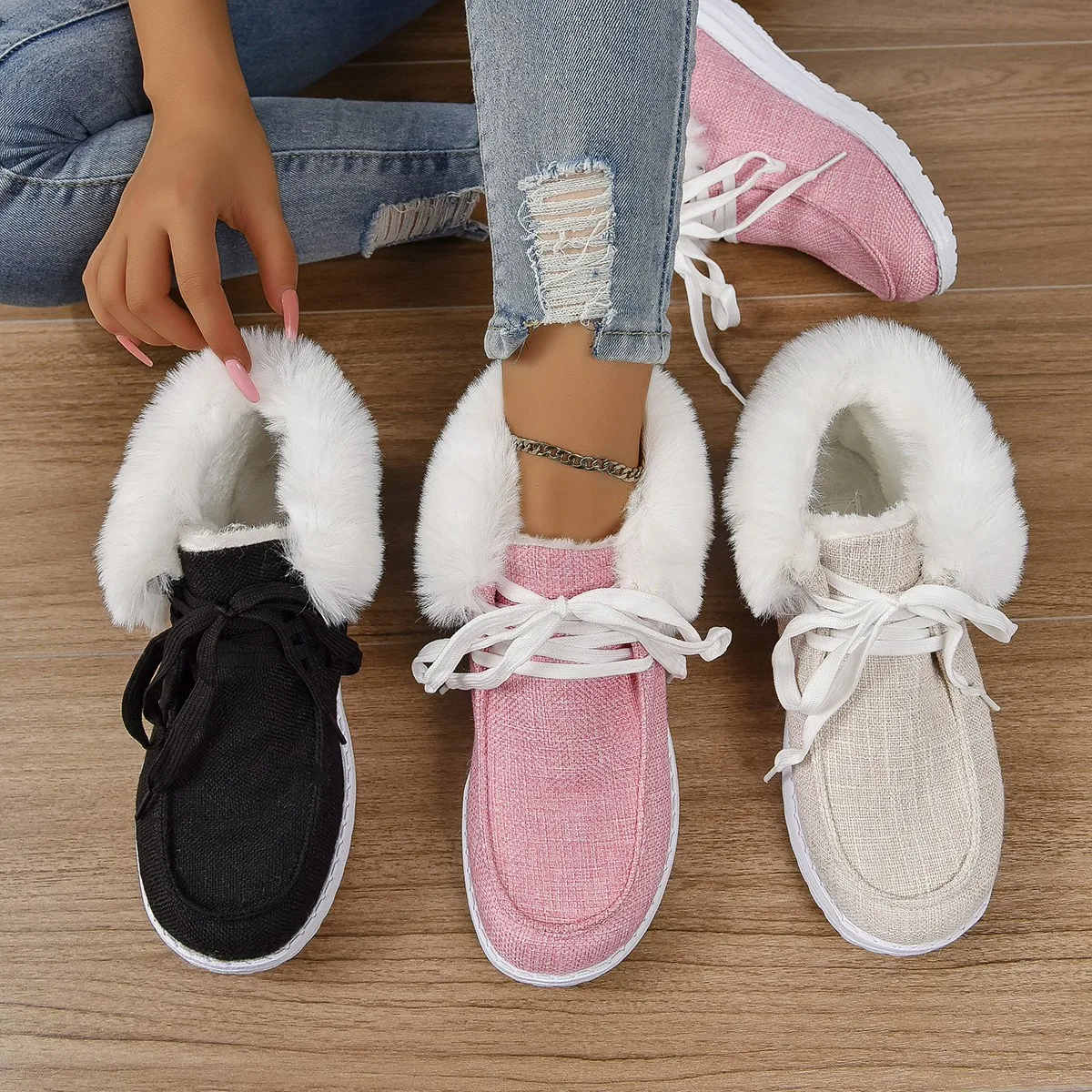 

Ladies Shoes on Sale 2024 One Kick Women Boots Winter Round Toe Plush Fleece for Warmth Short Barrel Flat Large Size Snow Boots