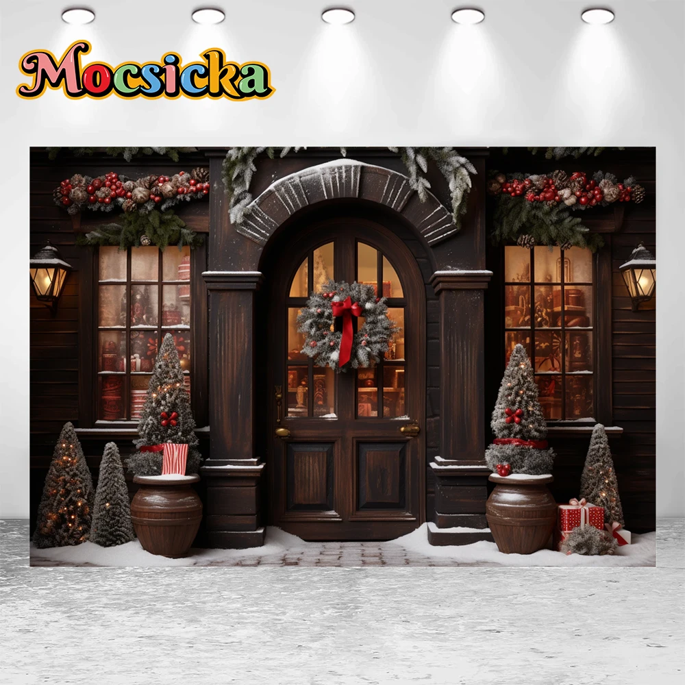 모시카 겨울 크리스마스 사진 배경 다크 브라운 문짝, 크리스마스 트리 홀리데이 파티, 가족 키즈 사진 배경, 스튜디오 소품