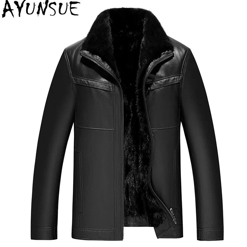 AYUNSUE Genuine Leather Jacket Men Real Mink Fur Liner Leather Coat Sheepskin Mens Jacket Warm Men clothing Chaquetas Hombre